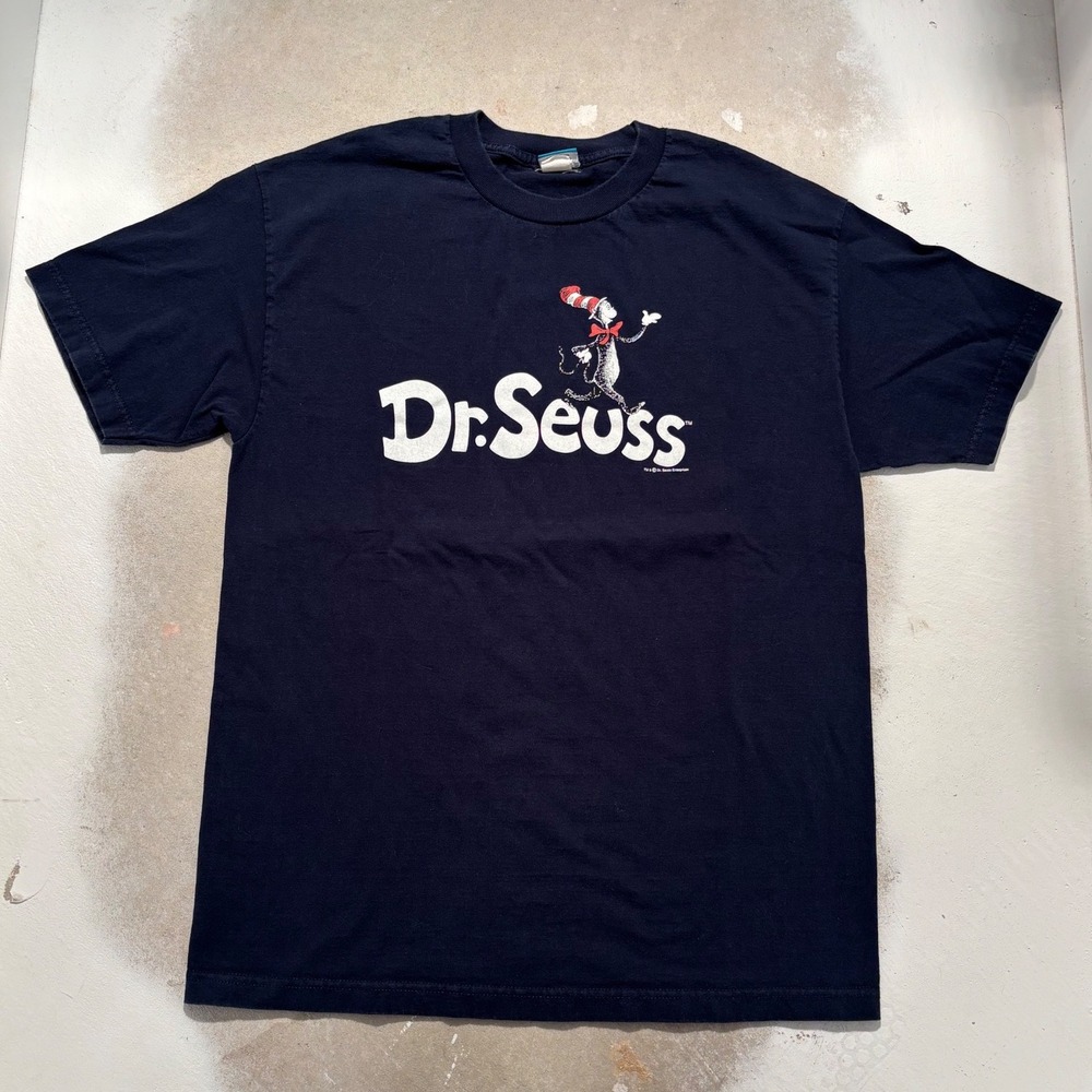 Dr Seuss Cat in the Hat Graphic T-Shirt Mens Large Navy Blue Short Sleeve Tee